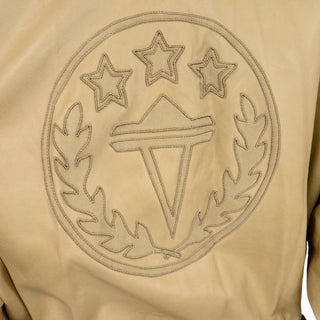 1980s Claude Montana Ideal Cuir Tan Leather Bomber Jacket W Applique Design On Pockets and Back