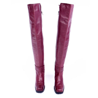 1980s Claude Montana Burgundy Thigh High Leather Boots rare designer footwear1980s Claude Montana Burgundy Thigh High Leather Boots w unique quilting & square toes