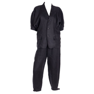 1989 Comme des Garcons 2 pc Black Linen Short Sleeve Jacket & Pants Outfit Medium
