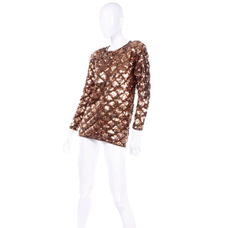 Late 1980s or Early 1990s Vintage Copper Sequins Beaded Knit Pullover Sweater Top