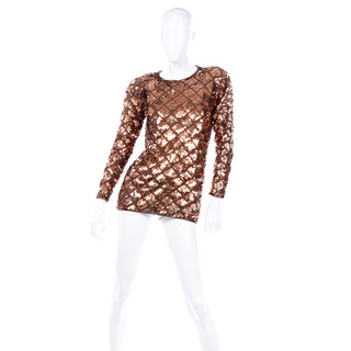 1990s Vintage Copper Sequins Beaded Knit Pullover Sweater Top