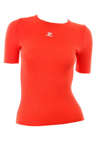 Vintage Courreges 1970s Orange Ribbed Short Sleeve Knit Top