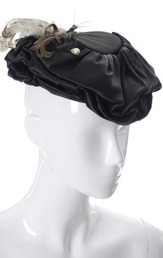 Vintage black satin tip hat with feathers Famous Barr St. Louis - Dressing Vintage