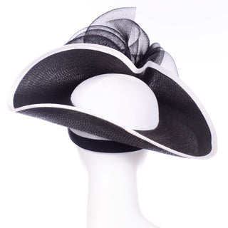 Bellini Italy Vintage Black and White Straw Statement Hat tulle net