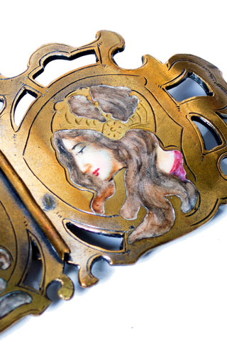 Antique Porcelain Brass Enamel Figural Ladies Sash Belt Buckle with Faces - Dressing Vintage