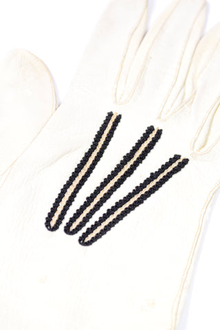 1940s Vallet Paris White Leather Gauntlet Gloves w/ Black Fringe 6