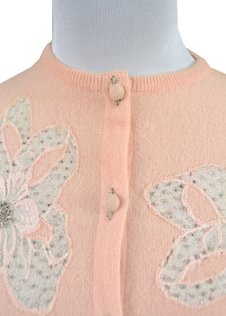 vintage 1950s beaded pink vintage sweater with lace Beverly Hills Boutique SOLD - Dressing Vintage