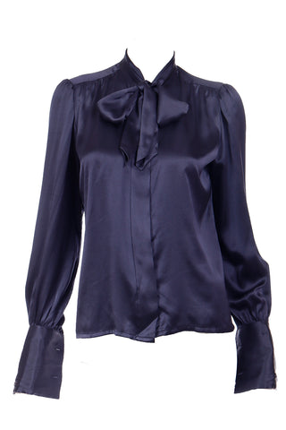 1970s Yves Saint Laurent Deep Blue Silk Bow Blouse with French Cuffs