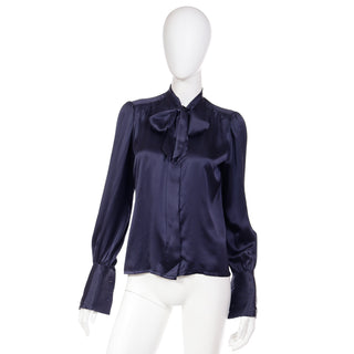 YSL 1970s Yves Saint Laurent Deep Blue Silk Bow Blouse with French Cuffs