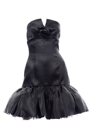 1980s David Fielden Black Satin Strapless Mini Dress with Drop waist 