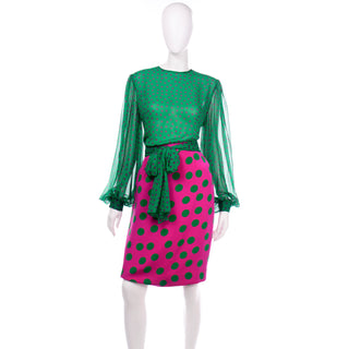 1980s David Hayes Pink & Green Polka Dot Silk Skirt Blouse Scarf & Jacket Suit