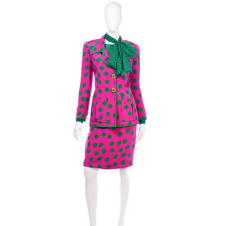 David Hayes Pink & Green Polka Dot Silk Skirt Blouse Scarf & Jacket Suit 80s