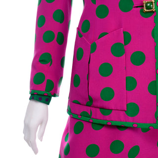 David Hayes Pink & Green Polka Dot Silk Skirt Blouse Scarf & Jacket Suit