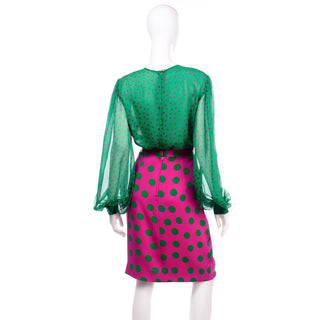 80s Vintage David Hayes Pink & Green Polka Dot Silk Skirt Blouse Scarf & Jacket Suit
