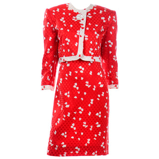 David Hayes Red and White Abstract Print Silk Dress and Cropped Jacket High end
