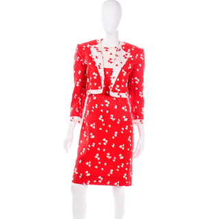 David Hayes Red and White Abstract Print Silk Dress and Cropped Jacket 1980s outfit