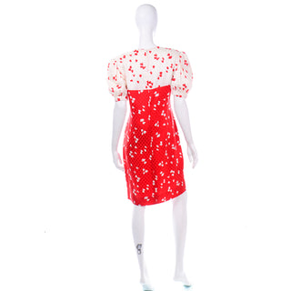 David Hayes Red and White Abstract Print Silk Dress and Cropped Jacket Suit
