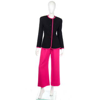1980s Hot Pink & Black David Hayes Vintage Crepe Pants & Jacket Suit
