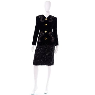 Givenchy Couture Black Lace Velvet and Sequins Evening Skirt Suit deadstock