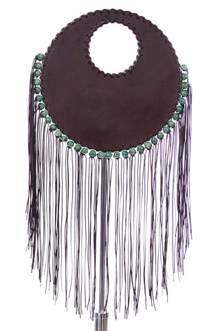 Denise Razzouk Brown Leather Handbag With Fringe And Green Beads