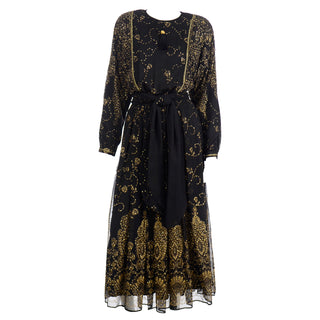 1980s Diane Freis Vintage Black & Gold Glitter Evening Dress formal
