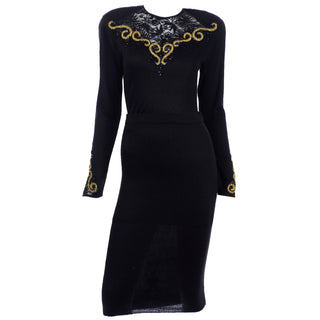 1980s Diane Freis Black 2 Piece Vintage Dress W Lace & Gold Bead Embroidery Rare