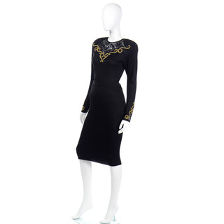 1980s Diane Freis Black 2 Piece Vintage Dress W Black sheer Lace & Gold Bead Embroidery