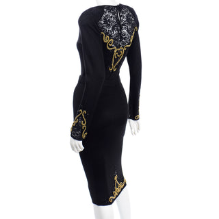 1980s Diane Freis Black 2 Piece Vintage Dress W sheer Lace & Gold Bead Embroidery