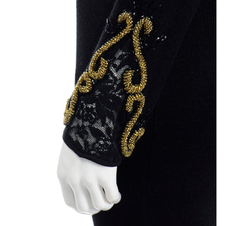 1980s Diane Freis Black 2 Piece Vintage Dress W Lace & Gold Bead Embroidery detail