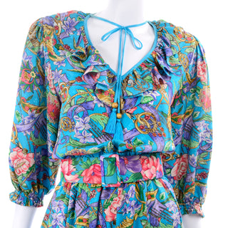 1980s Diane Freis Floral Blue Silk Dress w/ Tassels & Puff Sleeves One Size
