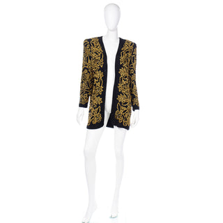 Diane Freis Vintage Gold Heavily Beaded Embroidered Black Jacket silk