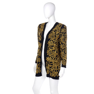 Open Front Diane Freis Vintage Gold Heavily Beaded Embroidered Black Jacket