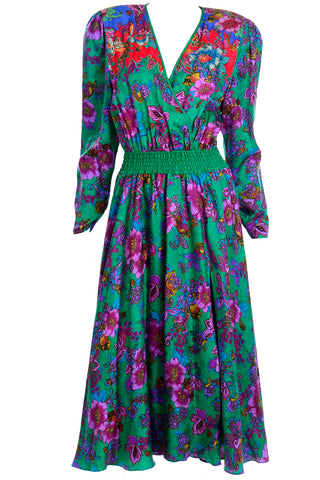 1980s Diane Freis Colorful Floral Silk Vintage Dress