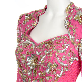 Diane Freis Pink Evening Dress Beaded Vintage Gown gold sequin trim