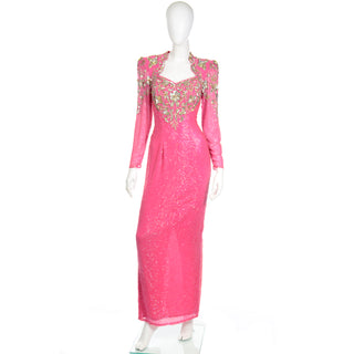 Diane Freis Pink Evening Dress Beaded Vintage Gown 1980s