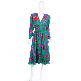 1980s Diane Freis Colorful Floral Silk Vintage Dress Wedding Guest outfit