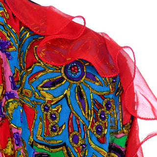1980s Vintage Diane Freis Ruffled beaded Dress in Colorful Multi Pattern Print