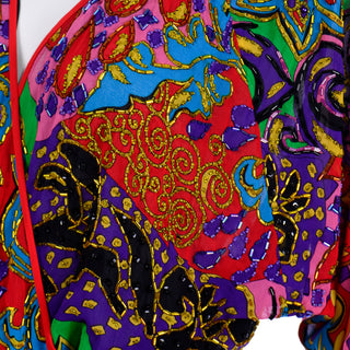 Beaded 1980s Vintage Diane Freis Ruffled Dress in Colorful Multi Pattern Print