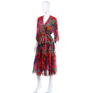 Vintage Diane Freis Ruffled 1980s Dress in Colorful Multi Pattern Print