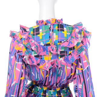 Diane Freis Pink Purple Abstract print ruffle dress 80s one size