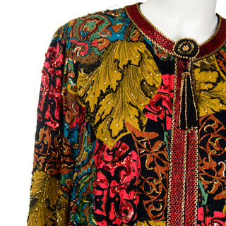 80s Diane Freis Beaded Jacket Colorful Baroque Print Vintage Swing Coat