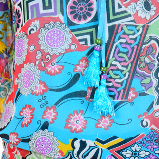 Tassels Diane Freis Vintage 1980s Colorful Mixed Pattern Dress W Ruffled Sleeves