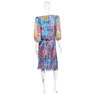 Diane Freis Vintage 1980s Colorful Mixed Pattern Dress W Ruffle Sleeves and Tassels