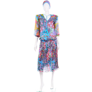 Diane Freis Vintage 1980s Colorful Mixed Pattern Dress W Ruffled Sleeves sash belt