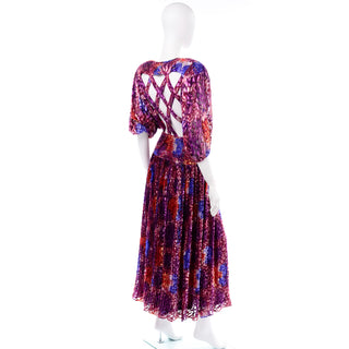 Diane Freis Purple Silk Velvet Vintage Dress W Open Lattice Back