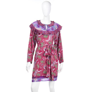 1980s Diane Freis 80s Red & Purple Botanical Floral Print Ruffled Dress