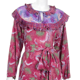 1980s Diane Freis Red & Purple Botanical Floral Print Ruffled Dress 80s