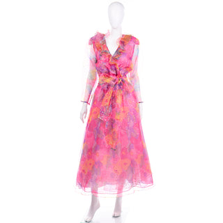 1980s Diane Freis Vintage Pink Dot Ruffled Organza Long Dress
