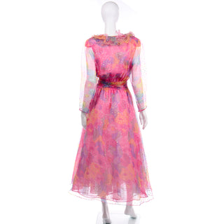 80s Diane Freis Vintage Pink Dot Ruffled Organza Long Dress rare