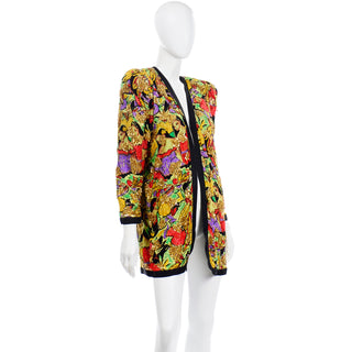 1980s Diane Freis Silk Open Front Jacket in Faces Novelty Print Beaded & Sequins